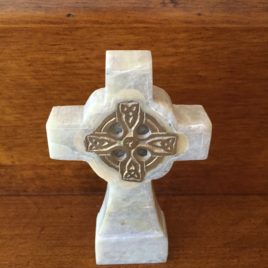 White Marble Celtic Cross with Brass Inlay 3.5″
