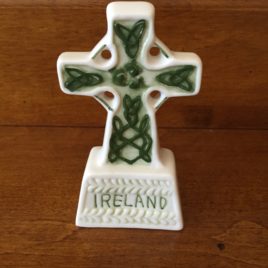 Ceramic Free Standing White and Green Celtic Cross 3″