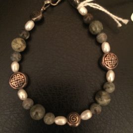Celtic Beaded Bracelet with Connemara Marble and Freshwater Pearls 7″ Long