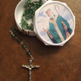 Green St. Patrick Rosary Beads with Container
